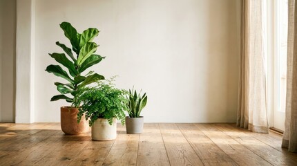 Fototapeta premium Three Potted Houseplants in a Bright Minimalist Room with Wooden Floor.