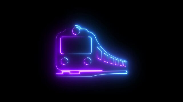 Neon glowing train animation, futuristic public transport sign, cyberpunk style motion on black background .4k video motion graphic animation .