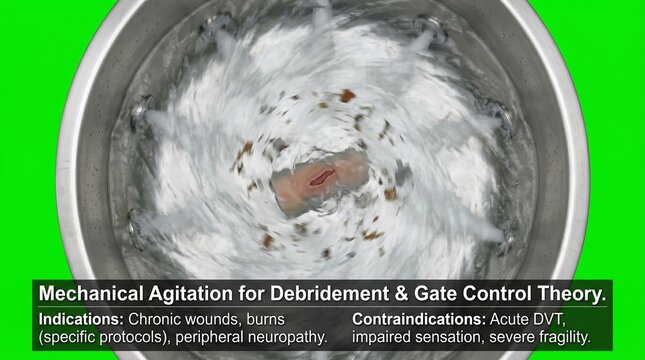 Mechanical agitation for debridement and gate control theory in medical treatment with a bowl of water and a green background
