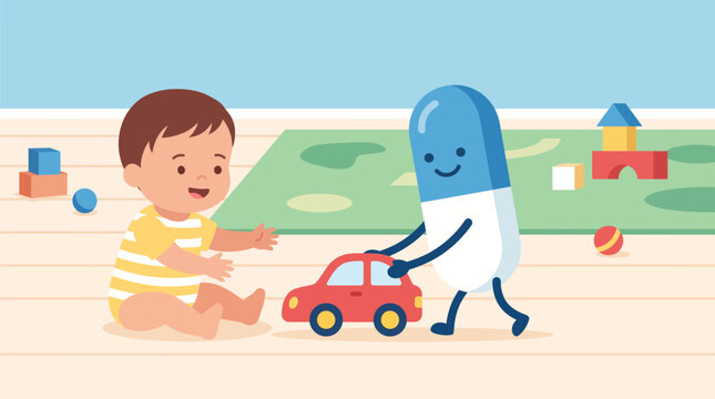 A cartoon character and a baby playing with toys on the floor.