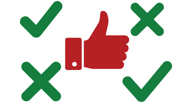 True false choice symbols, positive checkmark and negative cross thumbs up icons