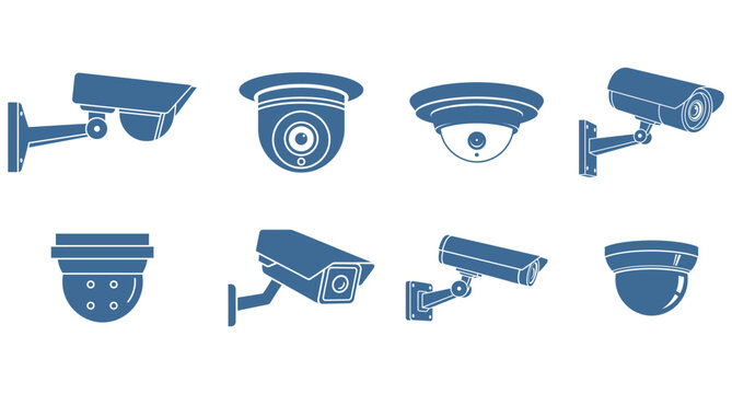 Security camera surveillance system icons, CCTV monitoring wireless dome camera symbols