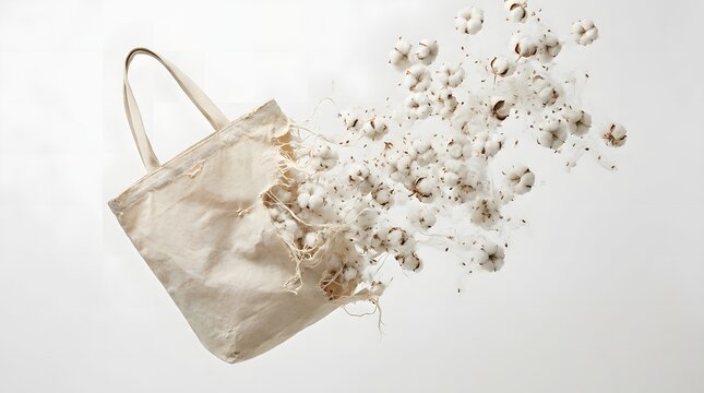 Natural raw cotton flowers exploding from a torn reusable canvas tote bag representing sustainable textile manufacturing and eco friendly shopping