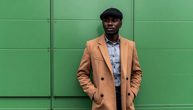 Man in camel coat and flat cap posing with hands in pockets against a textured green wall, confident style, urban fashion