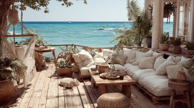 Rustic wooden terrace offers comfortable seating and serene views of bright blue tropical ocean water