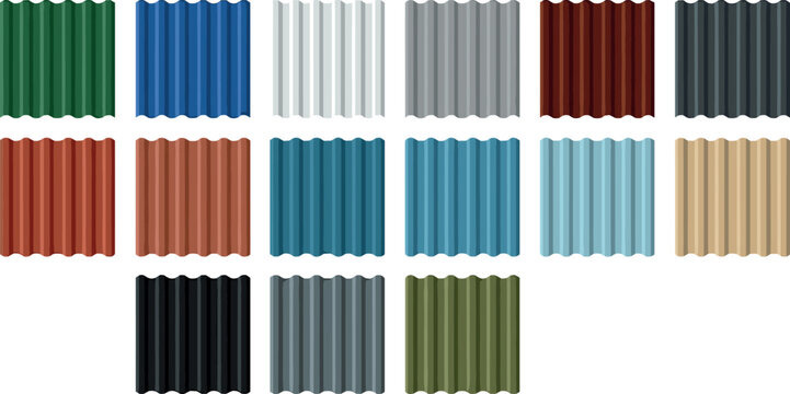 Corrugated Metal Roofing Sheets Color Palette Set with Galvanized Steel Profile Panels for Construction House Siding and Roof Vector Illustration
