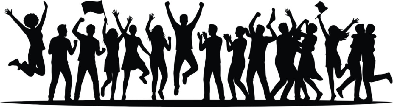 Group of people silhouette celebrating with raised arms and flags
