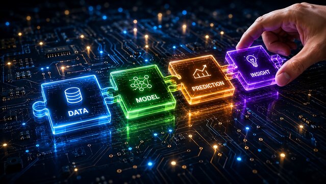 Hand connecting data, model, prediction, and insight puzzle pieces on a futuristic circuit board, visualizing strategic business intelligence.
