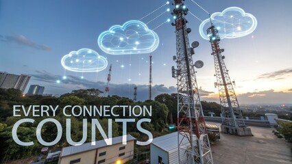 Obraz premium Telecommunications Towers with Cloud Technology Above in Evening Sky