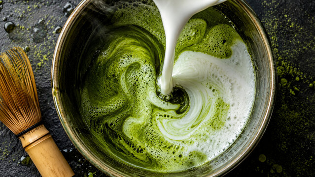 Overhead extreme close-up macro of a matcha latte in a wide ceramic bowl cup