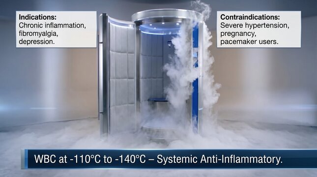 Cryotherapy chamber with steam and text about indications and contraindications