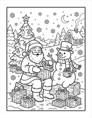 Fototapeta premium Santa claus and snowman opening gift boxes in snowy night landscape of north america.