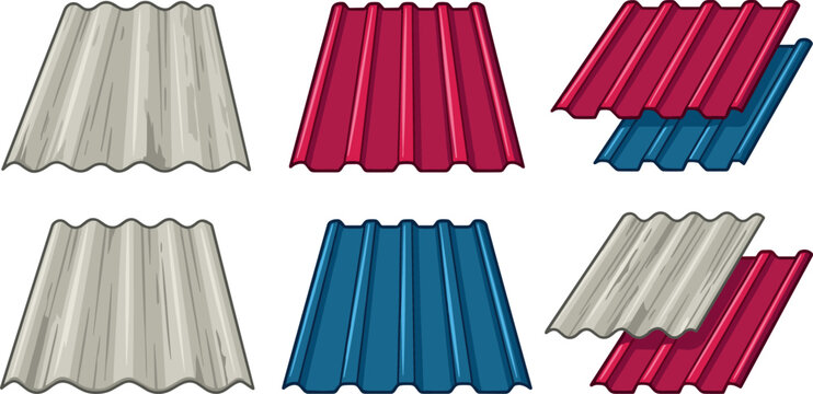 Corrugated Metal Roofing Sheets Icon Set with Perspective Views of Galvanized Steel Profile Panels for Construction House Siding Vector Illustration