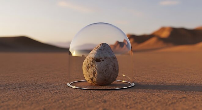 Single stone inside a glass dome standing on a desert landscape at sunset