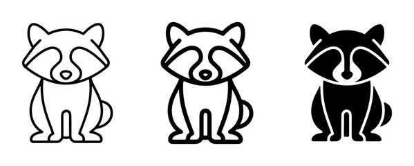 Cute Raccoon Icons, Simple Line Art and Solid Silhouette, Adorable Animal Graphics for Wildlife Themes, Vector Illustrations © Farzana