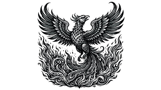 Vintage phoenix bird rising from flames, mythical fire bird woodcut illustration, black and white phoenix vector mascot for logo or tattoo