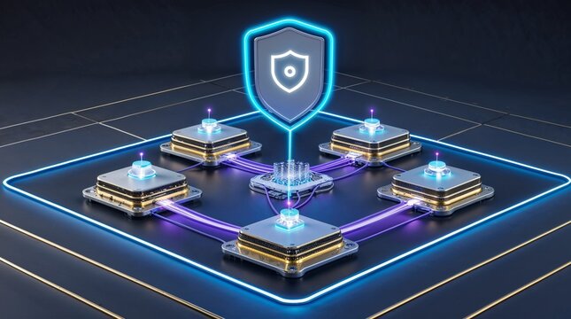 3D isometric blockchain distributed governance system with central security shield and glowing data network