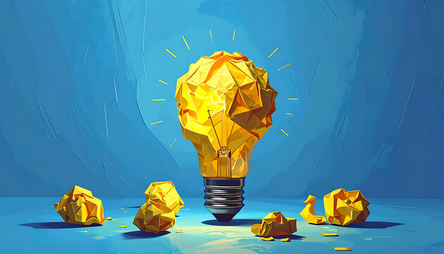 Pixel art crumpled paper light bulb glowing with bright yellow light, surrounded by discarded paper balls on blue background, symbolizing innovation and creativity