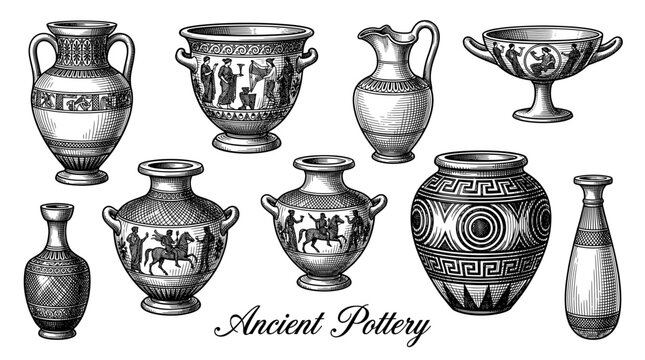 Ancient Greek and Roman Pottery Collection: Vintage Engraved Style Vases, Amphorae, and Jugs with Classical Ornaments