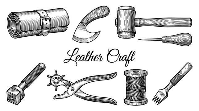 Hand Drawn Vintage Leather Craft Tools Vector Illustration, Engraved Leatherworking Equipment Set with Mallet, Knife, Awl, and Thread