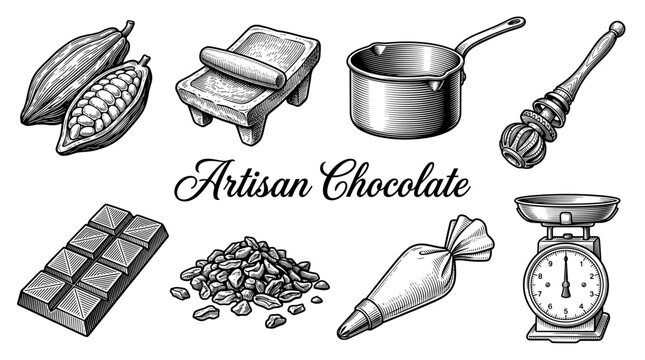 Artisan Chocolate Making Process Illustration Set Including Cacao Pods, Chocolate Bar, Grinding Stone, Melting Pot, Molinillo Whisk, Piping Bag, and Kitchen Scales in Engraving Style.