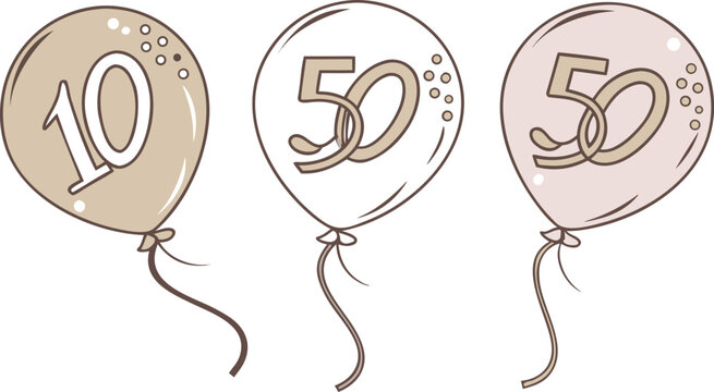 Three festive party balloons with numbers ten and fifty printed on them for birthday celebrations isolated on a plain white background