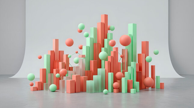 3D Bar Chart Growth with Red and Green Blocks on White Background Minimalist Data Visualization