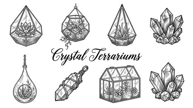 Hand-Drawn Geometric Terrarium and Crystal Illustration Set with Succulents and Plants