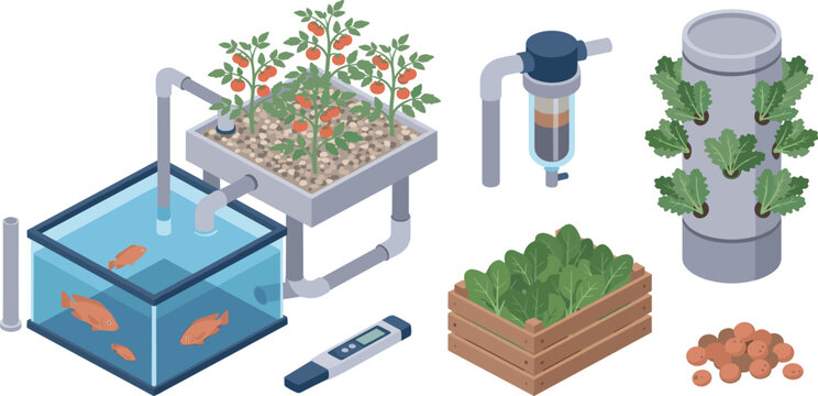 Isometric aquaponics and hydroponics vertical farming vector set featuring fish tank tomato bed filter grow tower tester and clay pebbles on white background