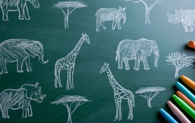 Obraz premium Chalkboard Drawings of African Wildlife in White Chalk on Green Surface