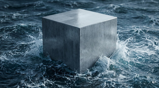 Solid gray concrete cube standing immovable in turbulent dark water, representing financial stability and strong corporate market resilience.