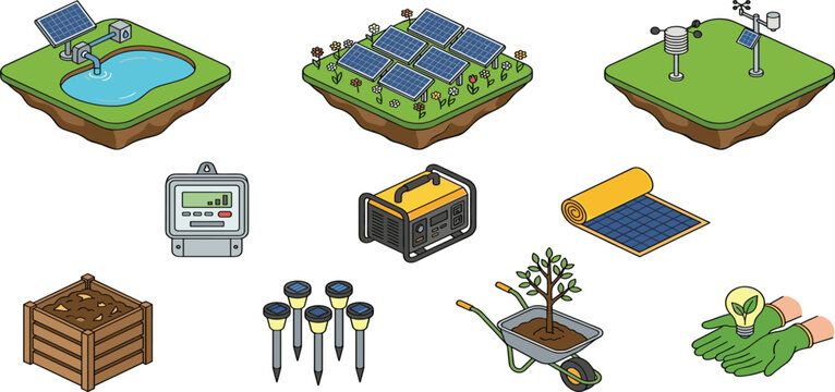 Isometric eco gardening and renewable energy elements featuring solar panels water pump weather sensors generator compost bin and garden path lights on white