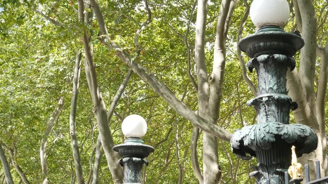 New York City globe lamp in Bryant park near Public Library on 42 street, United States. Summer greenery in famous park of Manhattan Midtown. Green old trees and orb lanterns in NYC, USA.
