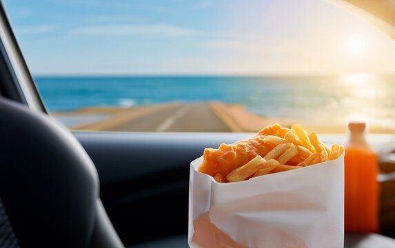 Traditional British Fish and Chips Wrapped in White Paper with Scenic View