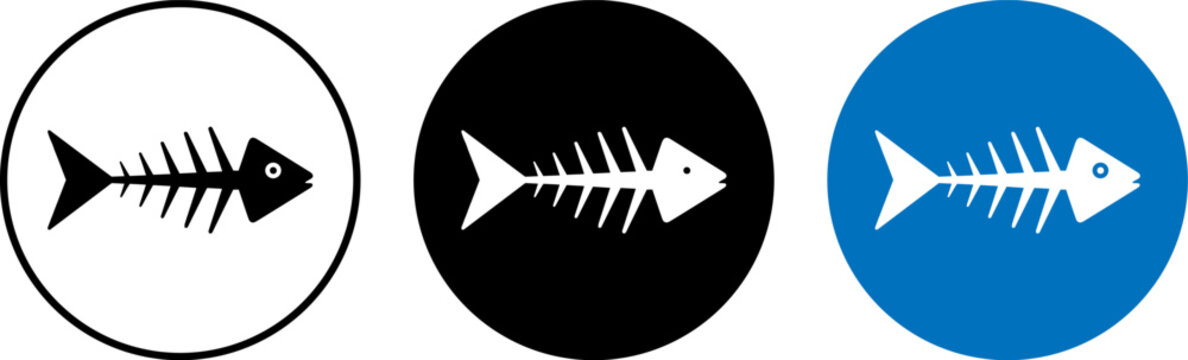 Set of fish skeleton icons in black and blue colors