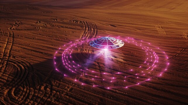 An imaginative depiction of a futuristic UFO hovering above a desert landscape, surrounded by vibrant neon light trails. Ideal for use in science fiction content, creative advertising, or