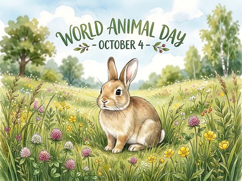 Cute Rabbit in Flower Meadow World Animal Day Illustration