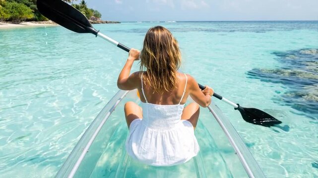 Woman in white dress kayaking through crystal clear turquoise tropical water with paddle, back view vacation and adventure travel scene.