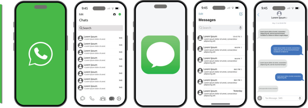 Messaging App Chat Interface Mockup with iMessage and WhatsApp Conversation Screens Mobile Chat. WhatsApp and iMessage mobile application icon sets with digital chat screen
