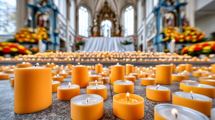 Vibrant Candles Illuminate Traditional Catholic Church for All Souls' Day