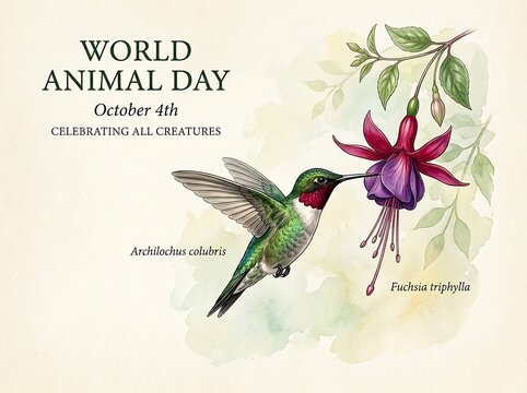 Hummingbird and Flower World Animal Day Nature Illustration