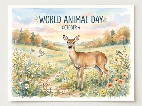 Deer in Meadow World Animal Day Wildlife Illustration
