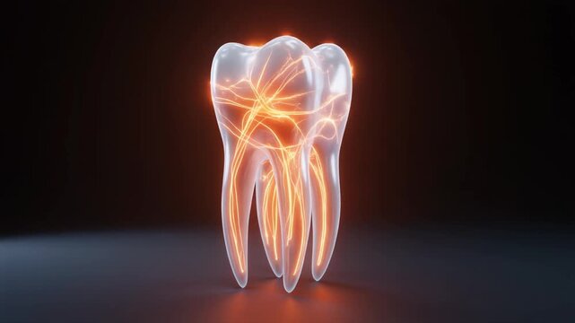 A translucent glowing tooth showing internal nerves and vessels in orange light, symbolizing dental anatomy, health, and medical innovation.