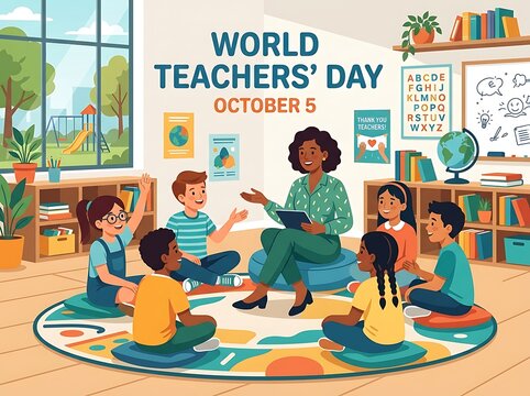 Happy Teachers Day Students and Teacher Group Learning Celebration