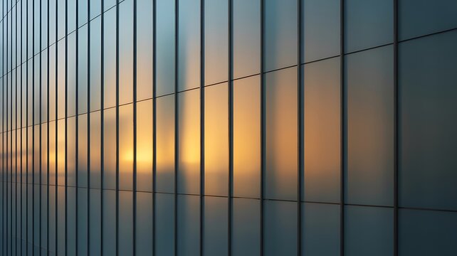 Modern office building glass facade with sunset reflections