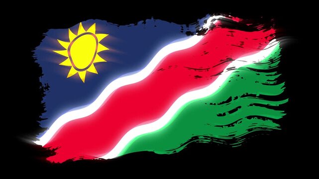 Waving torn Namibia flag grunge brush burn light leaks, transparent background alpha channel loop full HD