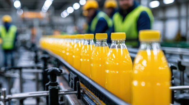 Automated bottling line with orange juice bottles on conveyor belt in a beverage manufacturing factory
