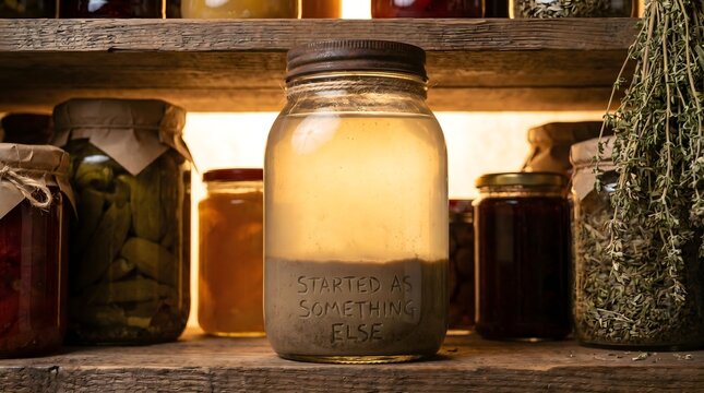 A rustic glass jar on a pantry shelf reads "Started as something else," a poetic metaphor for transformation, the passage of time, and the inevitable alchemy of change.
