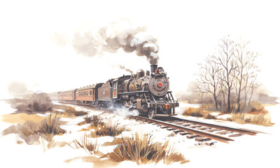 Vintage steam locomotive train traveling through snowy winter field with smoke watercolor style vector illustration © Nazmul