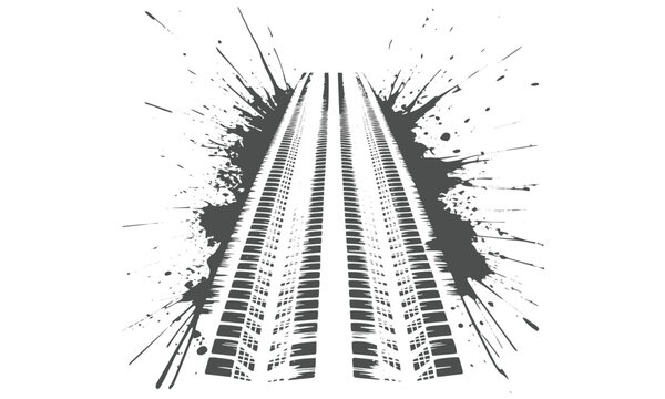 Black tire track silhouette print with dramatic ink splash and mud splatter marks vector illustration